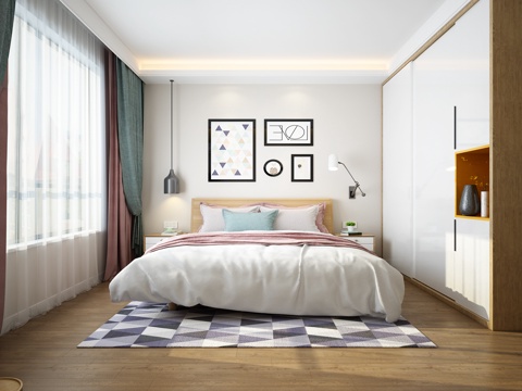  北欧主卧室 吊灯 挂画 双人床 摆件 衣橱3d模型 