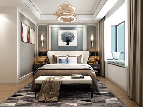  欧式卧室 床 吊灯 挂画 壁灯3d模型 