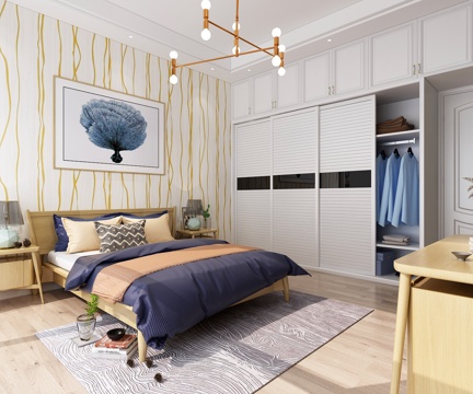  现代卧室阳台 吊灯 衣橱 双人床 挂画 装饰柜 沙发3d模型 