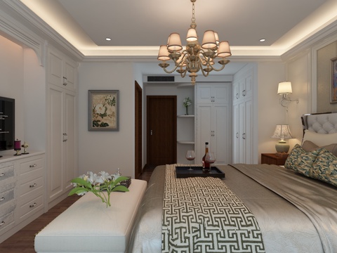  现代卧室 吊灯 壁灯 台灯 双人床 床尾凳 装饰柜 摆件3d模型 