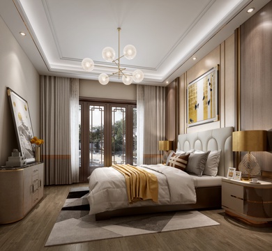  现代卧室 双人床 床头柜 台灯 吊灯 边柜3d模型 