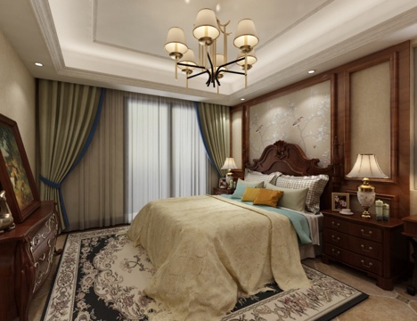  传统美式卧室 吊灯 衣柜 双人床 床头柜 台灯3d模型 