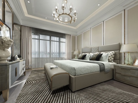  现代奢华主卧 吊灯 床 床头灯3d模型 