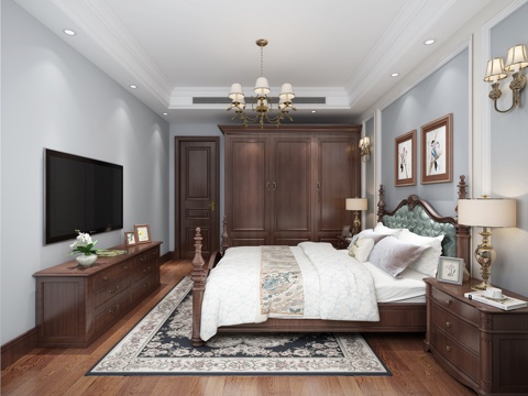  传统美式主人卧室 吊灯 台灯 双人床 装饰柜 衣柜 挂画3d模型 