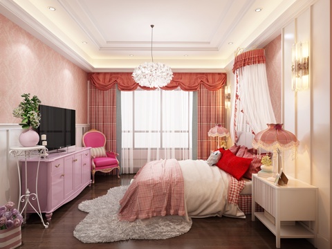  欧式简约卧室 吊灯 双人床 电视柜 台灯 壁灯3d模型 