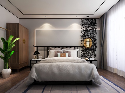  禅意新中式卧室 床 绿植 飘窗3d模型 