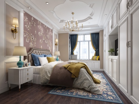  简欧卧室 吊灯 壁灯 双人床 衣柜 台灯3d模型 