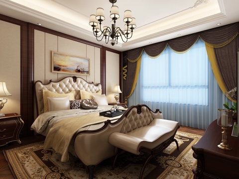  欧式简约卧室 吊灯 双人床 床尾凳 挂画 装饰柜 台灯3d模型 