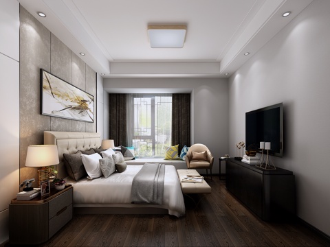  现代卧室主人房 挂画 电视柜 床3d模型 