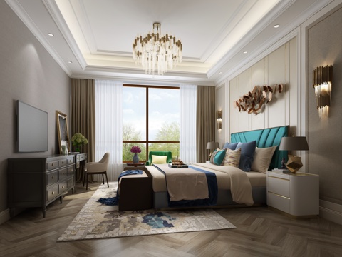  现代卧室  梳妆台 金属吊灯 壁灯 双人床 装饰柜 床尾凳3d模型 