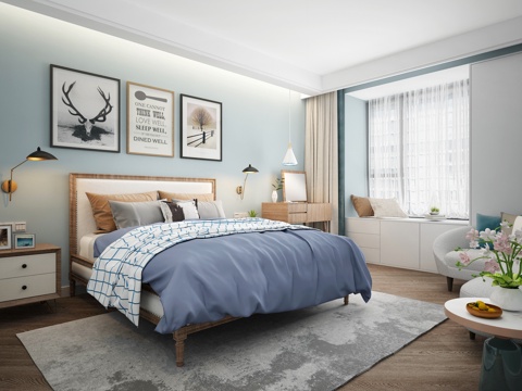  北欧主卧室 双人床 挂画 台灯 飘窗3d模型 