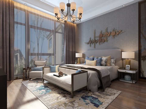  新中式卧室 吊灯 双人床 台灯 装饰柜 床尾凳 单人沙发3d模型 