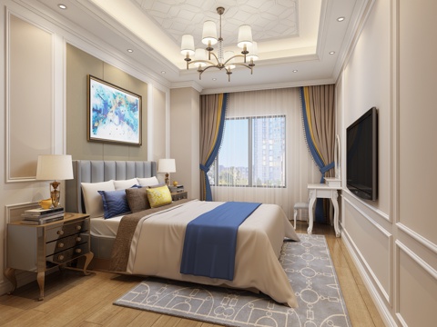  欧式简约主卧室 吊灯 双人床 台灯 梳妆台 挂画3d模型 