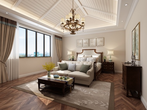  美式简约卧室 吊灯 双人床 多人沙发 茶几 挂画 台灯3d模型 