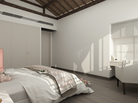  现代简约清新女孩房 双人床 台灯 书桌椅子组合 装饰画3d模型 