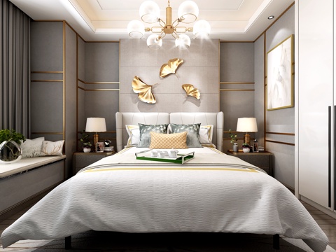  现代卧室 吊灯 双人床 台灯3d模型 