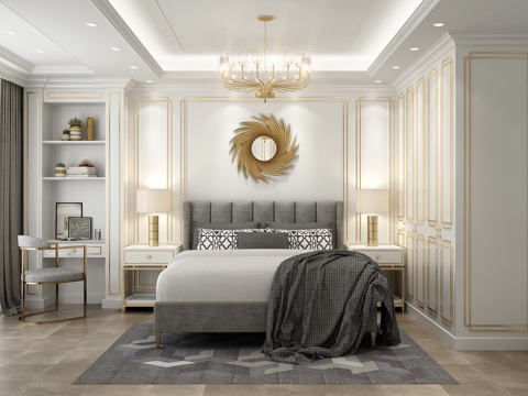  后现代卧室 吊灯 双人床 书桌椅 置物架 衣柜3d模型 