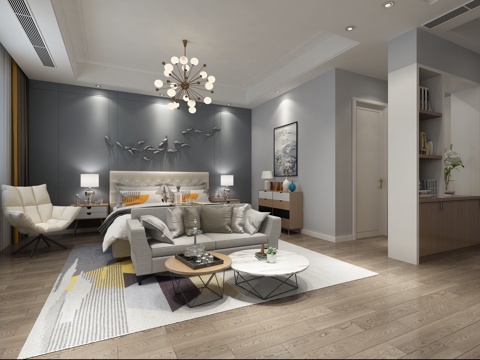  北欧卧室 吊灯 双人床 多人沙发 茶几 挂画 单人沙发3d模型 