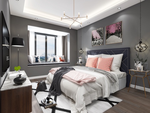  北欧卧室 吊灯 双人床 台灯 挂画 装饰柜 落地灯3d模型 