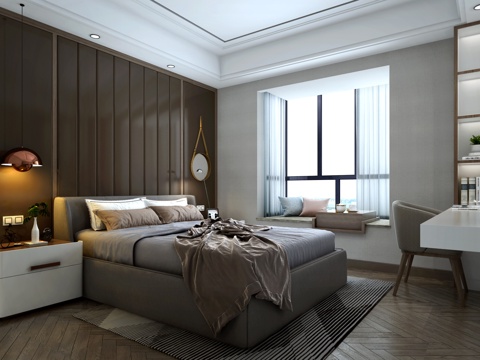  现代主卧室 台灯 双人床 书桌椅3d模型 