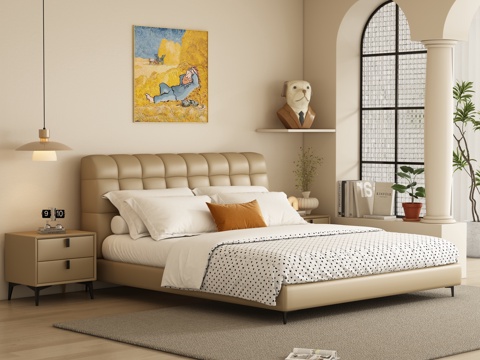  奶油风卧室 双人床3d模型 