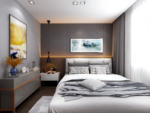  现代卧室 挂画 双人床 装饰柜 挂画3d模型 