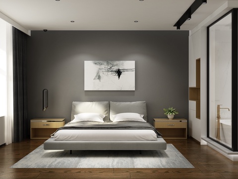  现代极简卧室 双人床 挂画 衣柜3d模型 