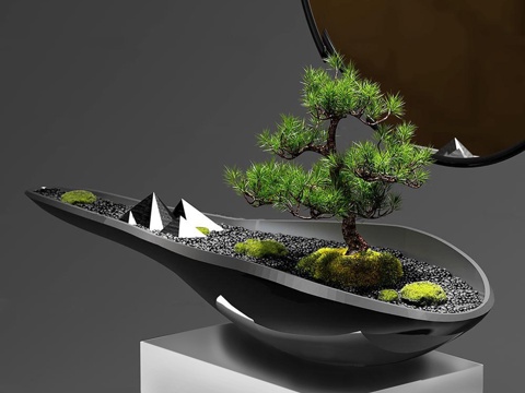  现代平衡盆景 端景台 植物 松树3d模型 