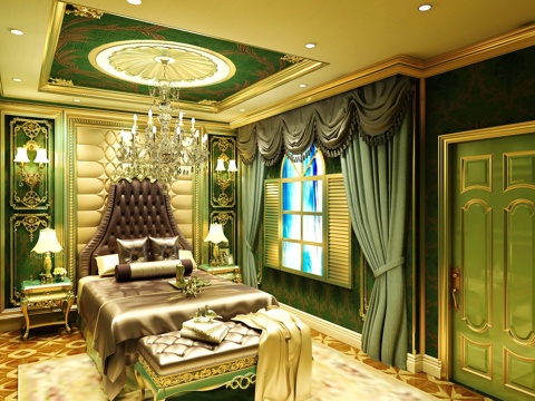  经典欧式卧室 吊灯 壁灯 台灯 双人床 床尾凳 窗帘3d模型 