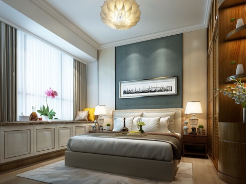  现代风格卧室 吊灯 双人床 挂画 置物架 摆件 飘窗3d模型 