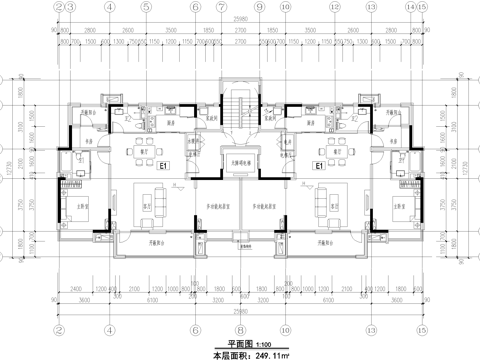  户型图 一梯两户 三室两厅两卫 平层平面图 CAD施工图cad施工图 