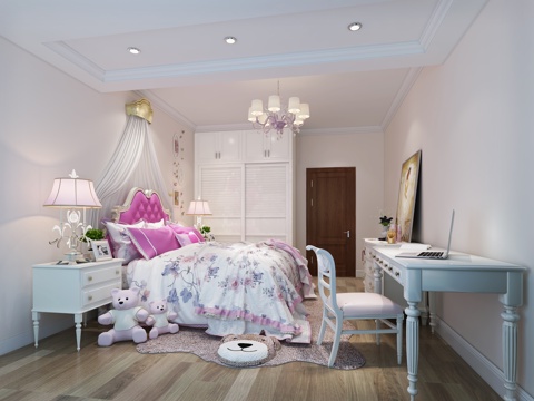  欧式简约主卧室 吊灯 双人床 台灯 衣橱 书桌台 椅子 挂画3d模型 