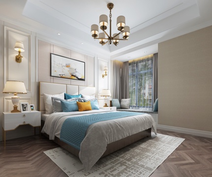  美式简约主人房卧室 吊灯 双人床 壁灯 台灯3d模型 