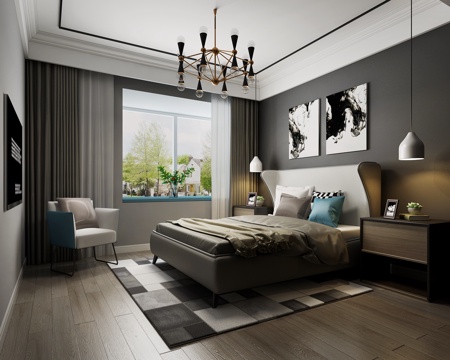  北欧卧室 吊灯 双人床 单人沙发 挂画3d模型 