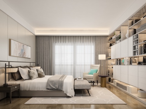  现代主卧 双人床 置物架 落地灯 挂画3d模型 