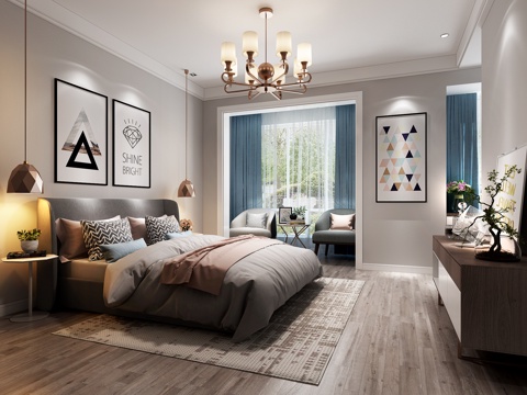  北欧卧室 吊灯 双人床 挂画 装饰柜 摆件3d模型 