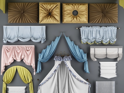  欧式布艺窗帘 罗马帘卷帘 床帘 幔头帘组合3d模型 