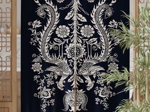  新中式门帘 布帘 窗帘3d模型 