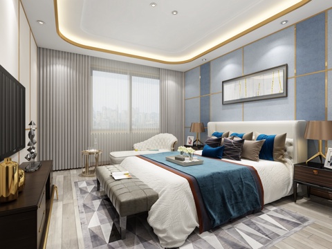  现代卧室 主卧 背景墙 电视柜 双人床 床尾凳3d模型 