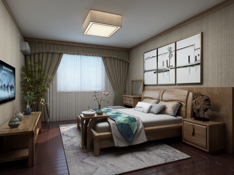  新中式主卧室 吸顶灯 双人床 装饰柜 摆件 挂画3d模型 
