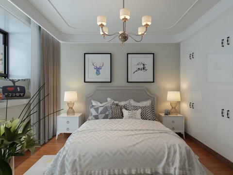  美式简约次卧 吊灯 双人床 挂画 衣橱 台灯 装饰柜3d模型 