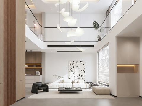  现代极简别墅客厅 挑空客厅 沙发茶几组合 别墅摆件3d模型 