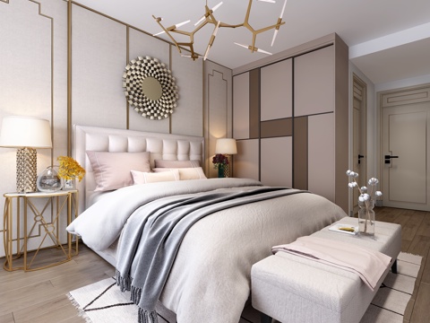  现代北欧主卧 吊灯 床 床头灯3d模型 