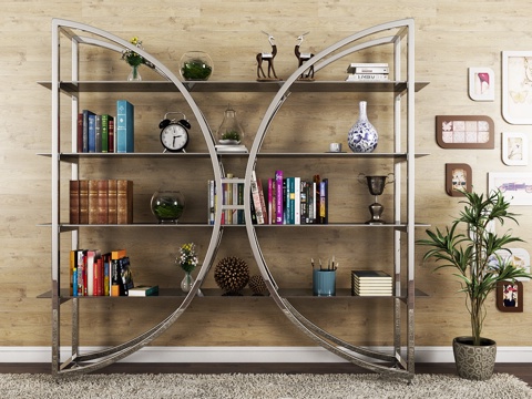  现代书架装饰架书籍相框绿植饰品3d模型 