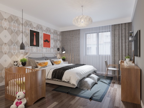  北欧卧室  婴儿床 吊灯 双人床 装饰柜 椅子3d模型 