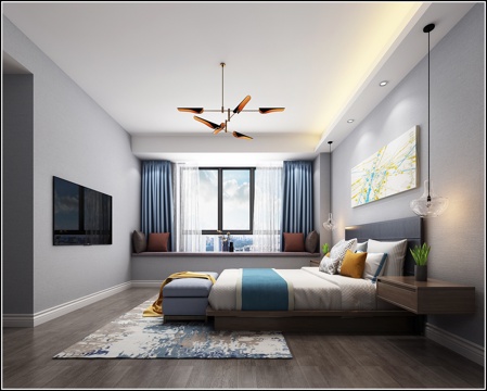  现代主卧 吊灯 双人床 挂画 床尾凳 飘窗3d模型 