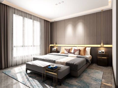  后现代主卧室 金属吊灯 双人床 床尾凳3d模型 