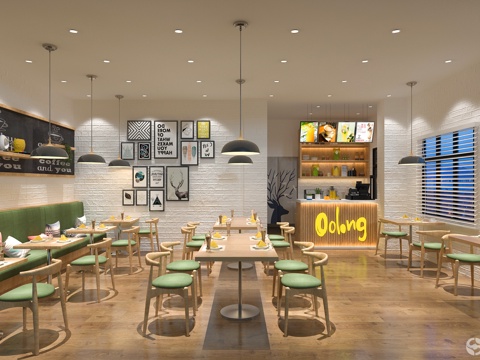  北欧奶茶店 吊灯 餐桌椅 置物架 摆件3d模型 