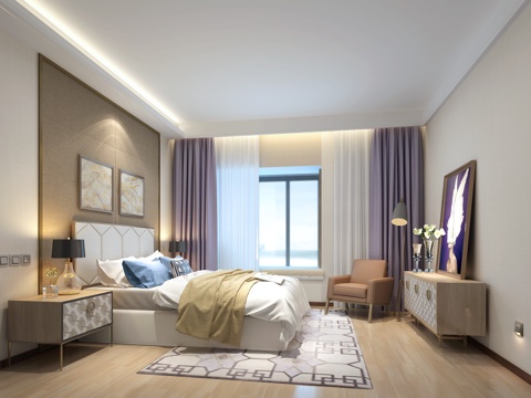  现代简约卧室 双人床 装饰柜 台灯 挂画3d模型 