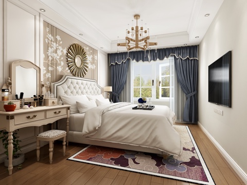 美式简约卧室 吊灯 双人床 梳妆台3d模型 